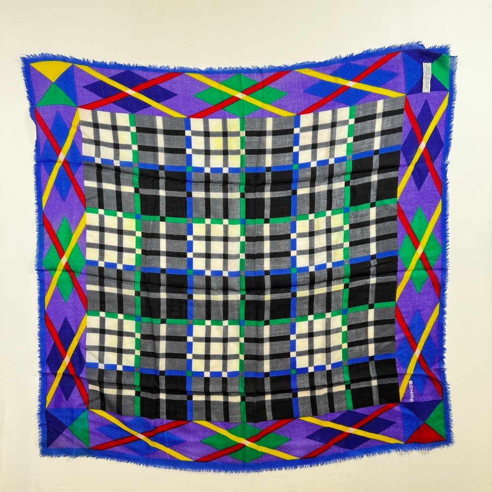 Echo‎ Vintage Wool Scarf Geometric Colorblock Plaid Multicolor Japan Maximalist